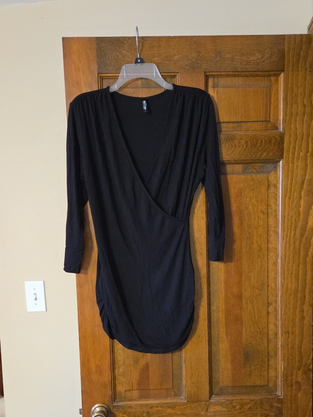 Women's Black Wrap-Front Long Sleeve Top